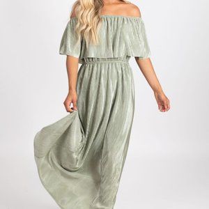 Slow Dancing Ribbed Off Shoulder Maxi Dress, Green